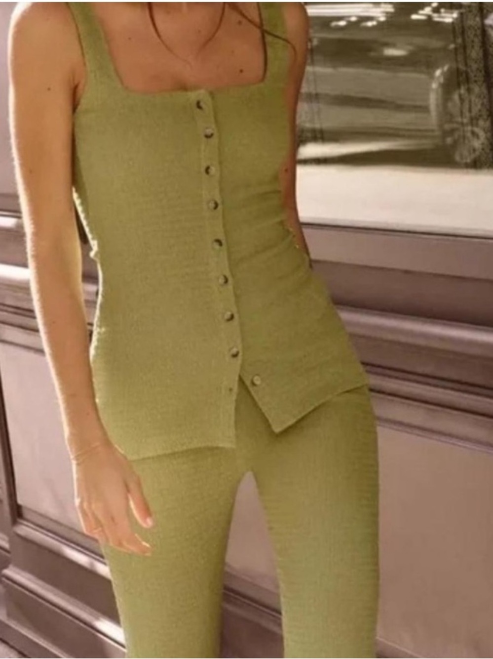 Zara Olive-Green Ribbed Tank Top & Leggings Set